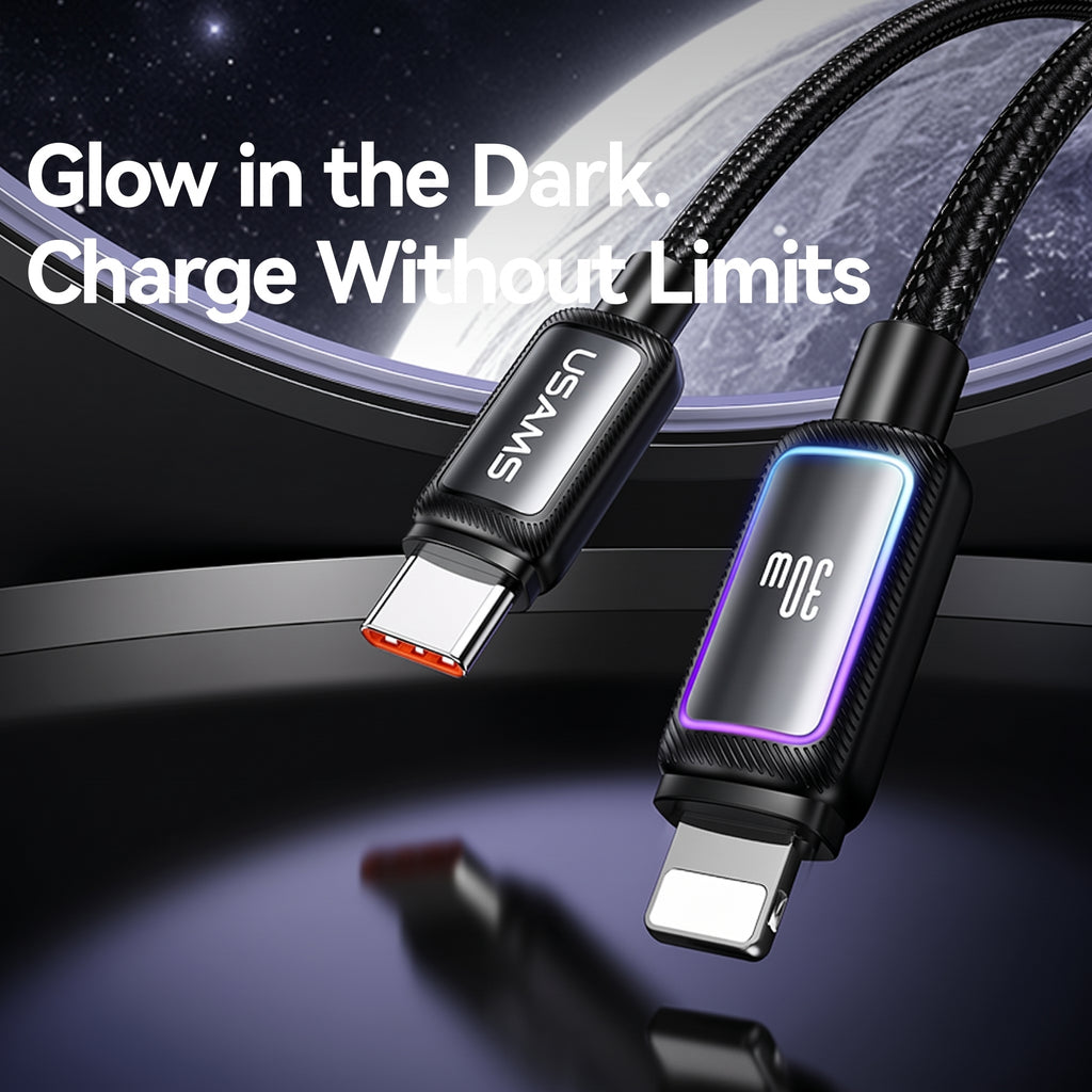 USAMS SJ816 U110 30W Type-C to Lightning Fast Charging Cable with Colorful RGB Ambient Light (1.2m)