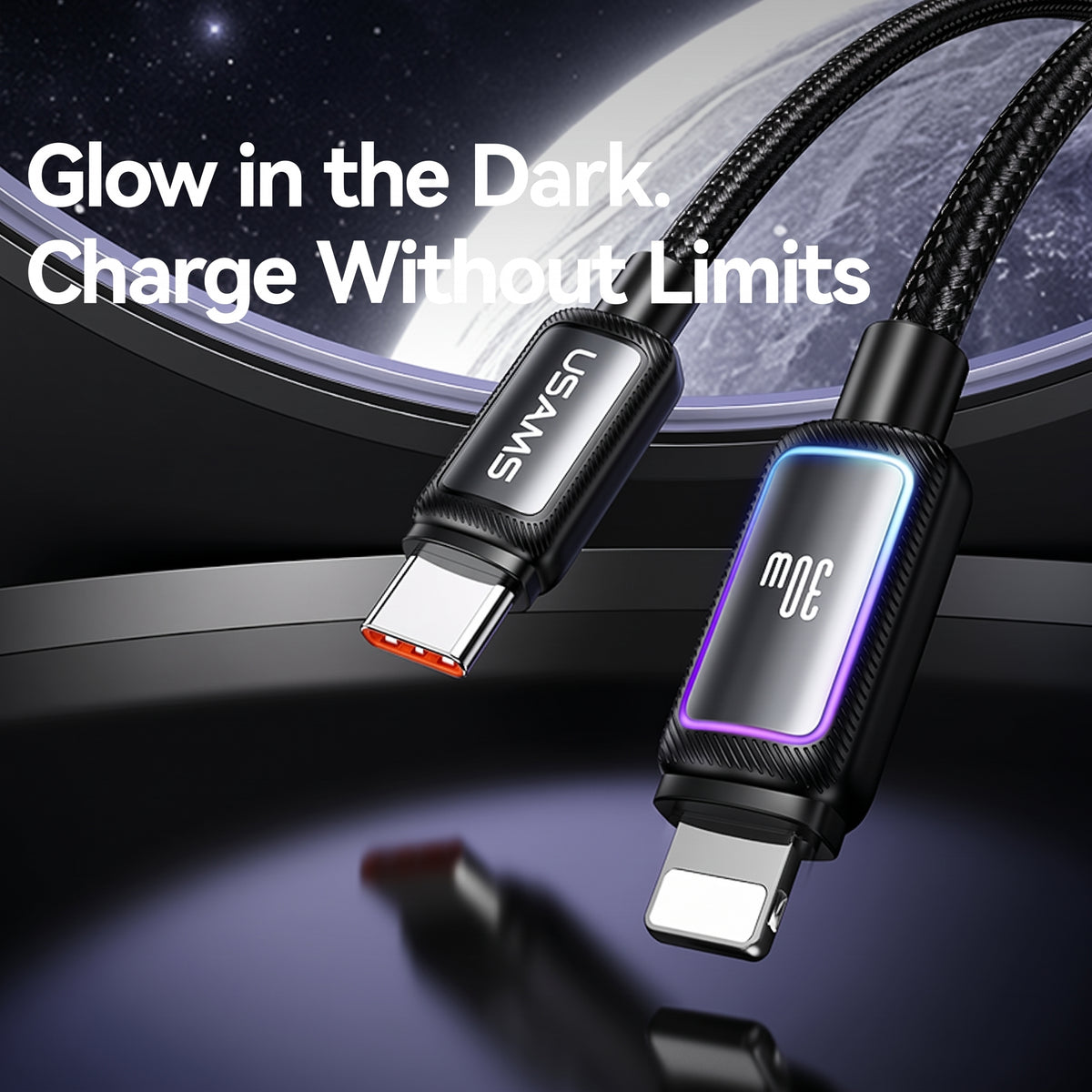 USAMS SJ816 U110 30W Type-C to Lightning Fast Charging Cable with Colorful RGB Ambient Light (1.2m)