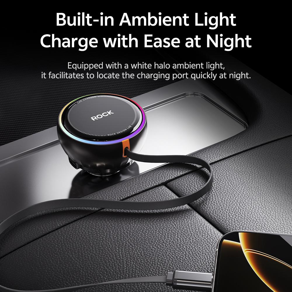 ROCK H30 Fast Car Charger (45W) with Retractable Type-C Cable