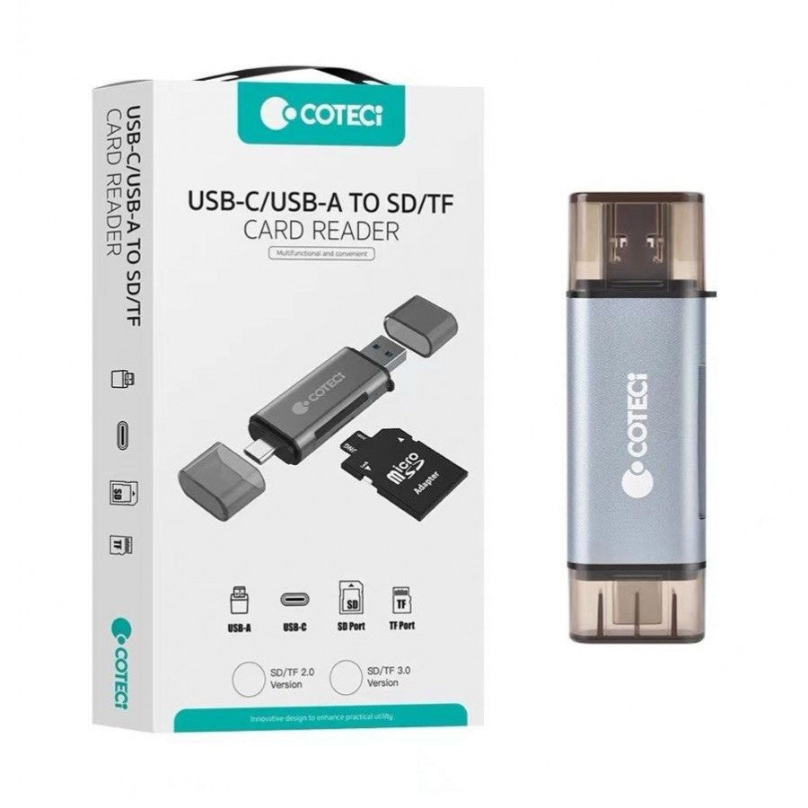 COTECi OF-002 Premium 2-in-1 Card Reader | USB-C & USB-A to SD/TF 3.0 High-Speed Adapter