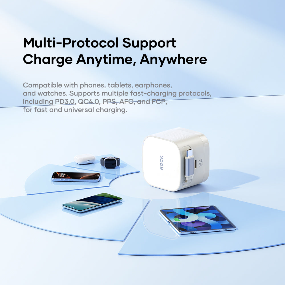 ROCK T90 35W GaN Fast Wall Charger | Built-in Retractable Type-C Cable + PD Port