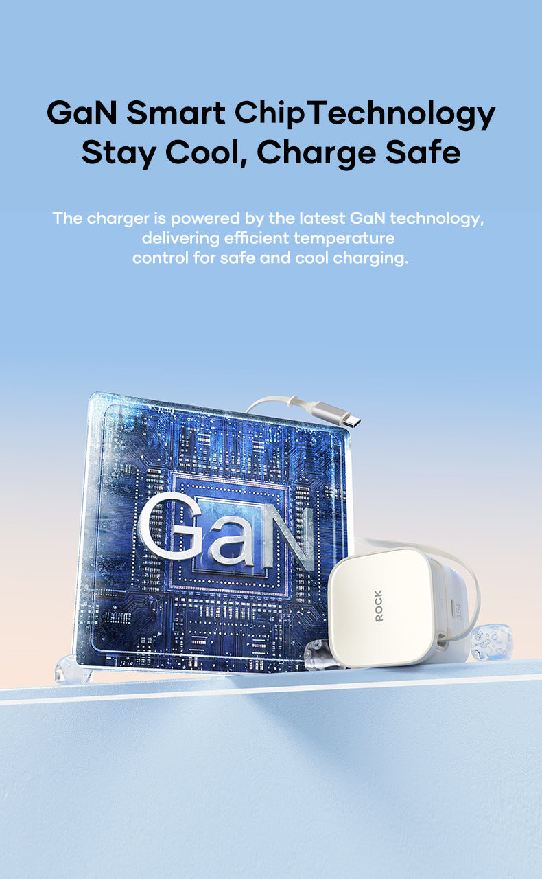 ROCK T90 35W GaN Fast Wall Charger | Built-in Retractable Type-C Cable + PD Port