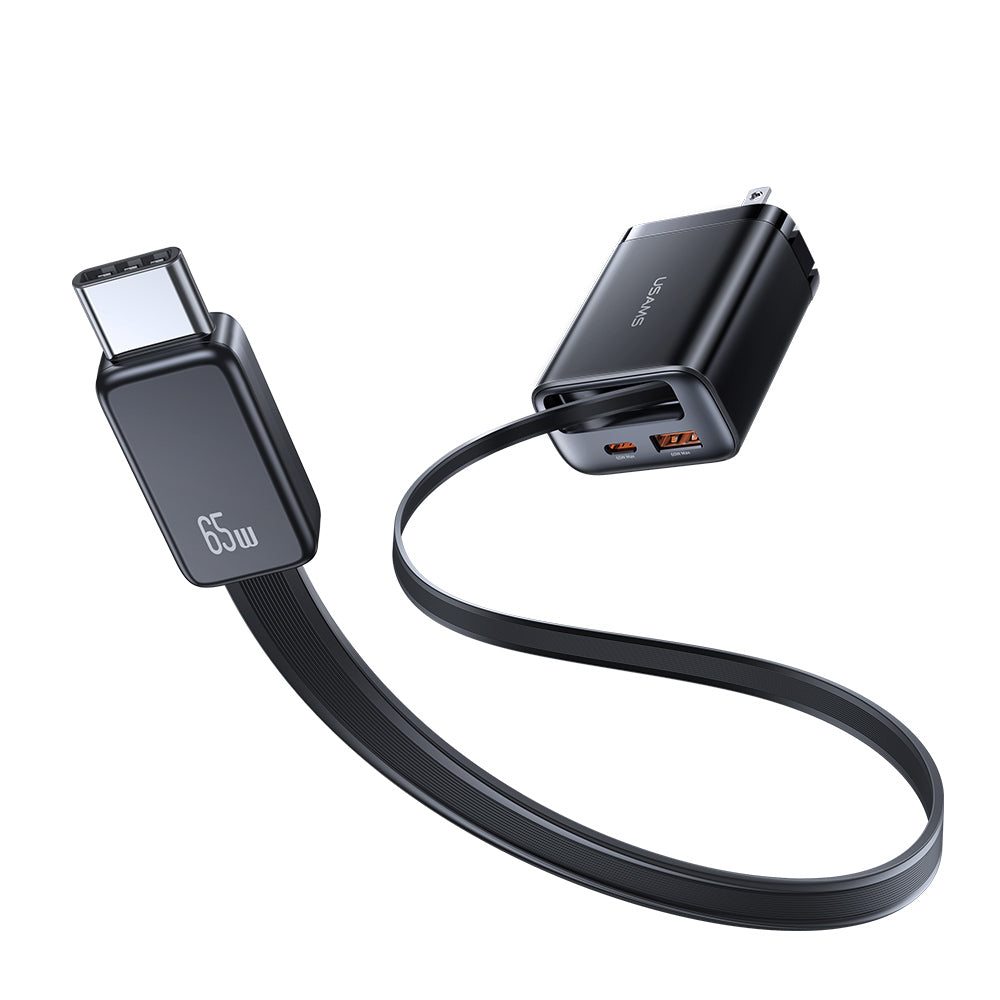 USAMS CC300 65W GaN Fast Charger with Retractable USB-C Cable (3-in-1)