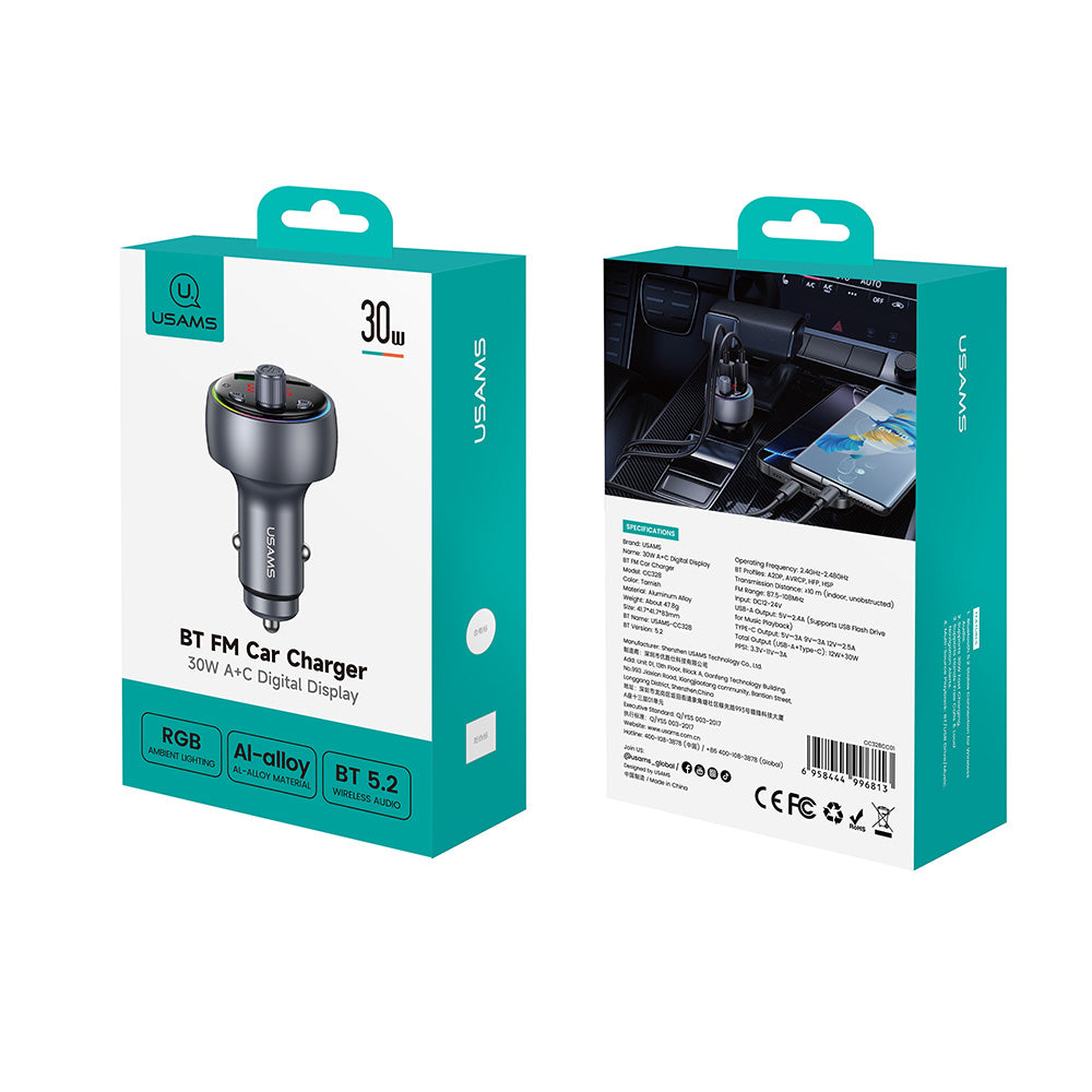 USAMS CC328 30W USB & Type-C Digital Display Bluetooth FM Car Charger