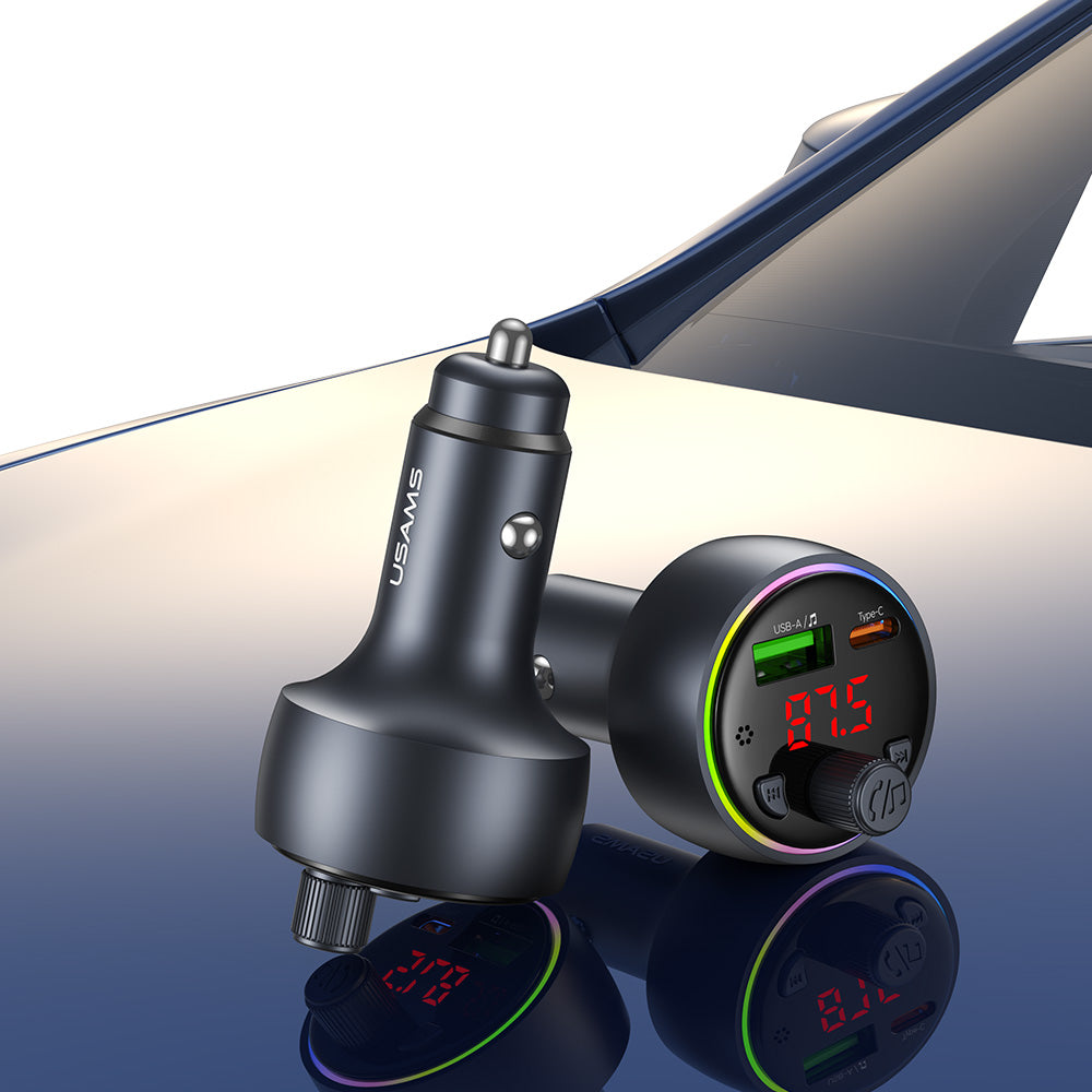 USAMS CC328 30W USB & Type-C Digital Display Bluetooth FM Car Charger