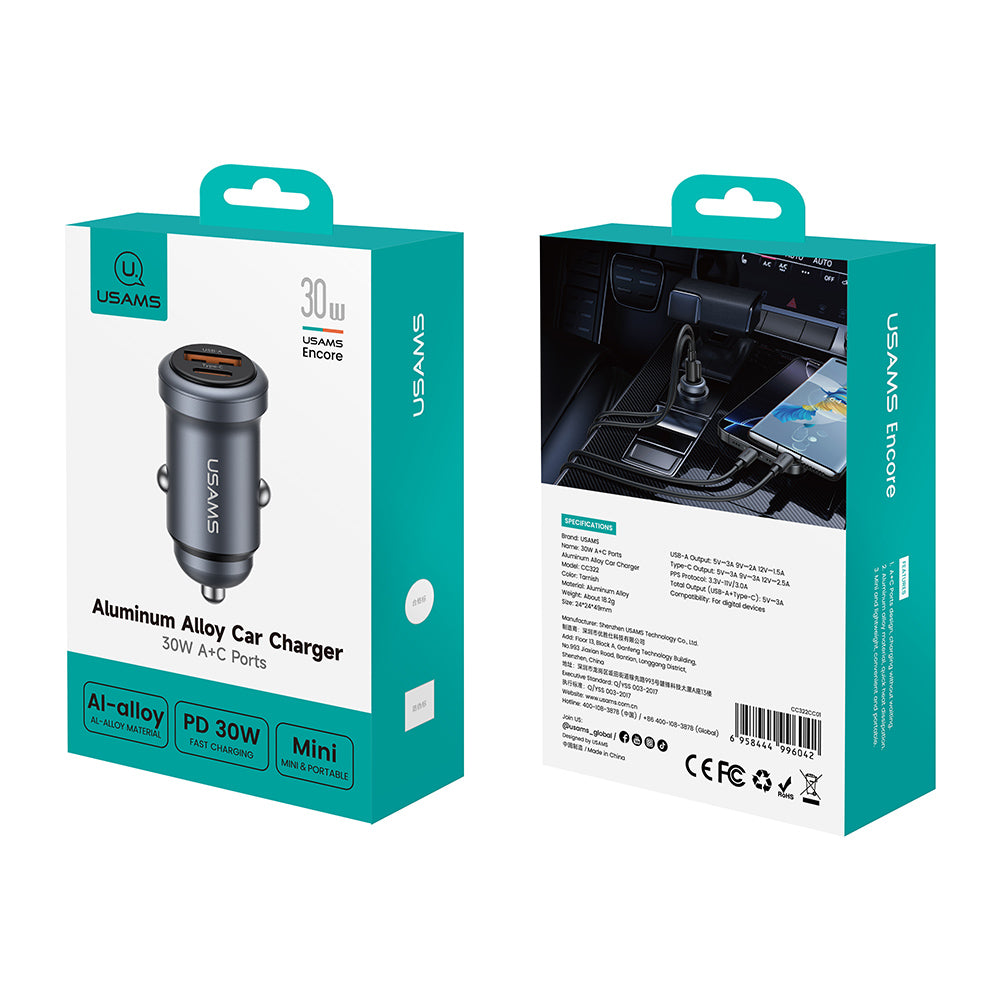 USAMS CC322 30W Dual Port Aluminum Mini Fast Car Charger (USB-A + USB-C)