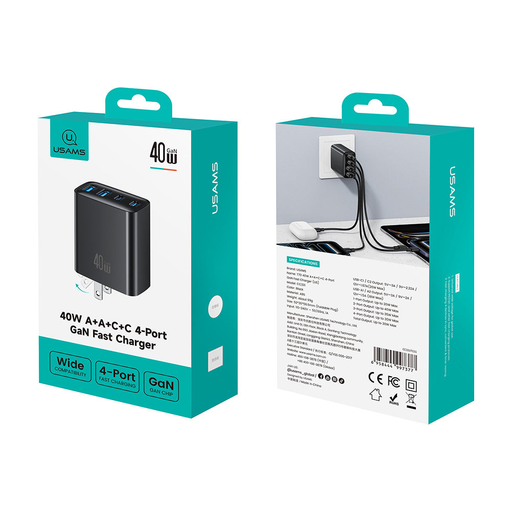USAMS CC331 T70 40W 4-Port GaN Fast Wall Charger (2x USB-C + 2x USB-A)