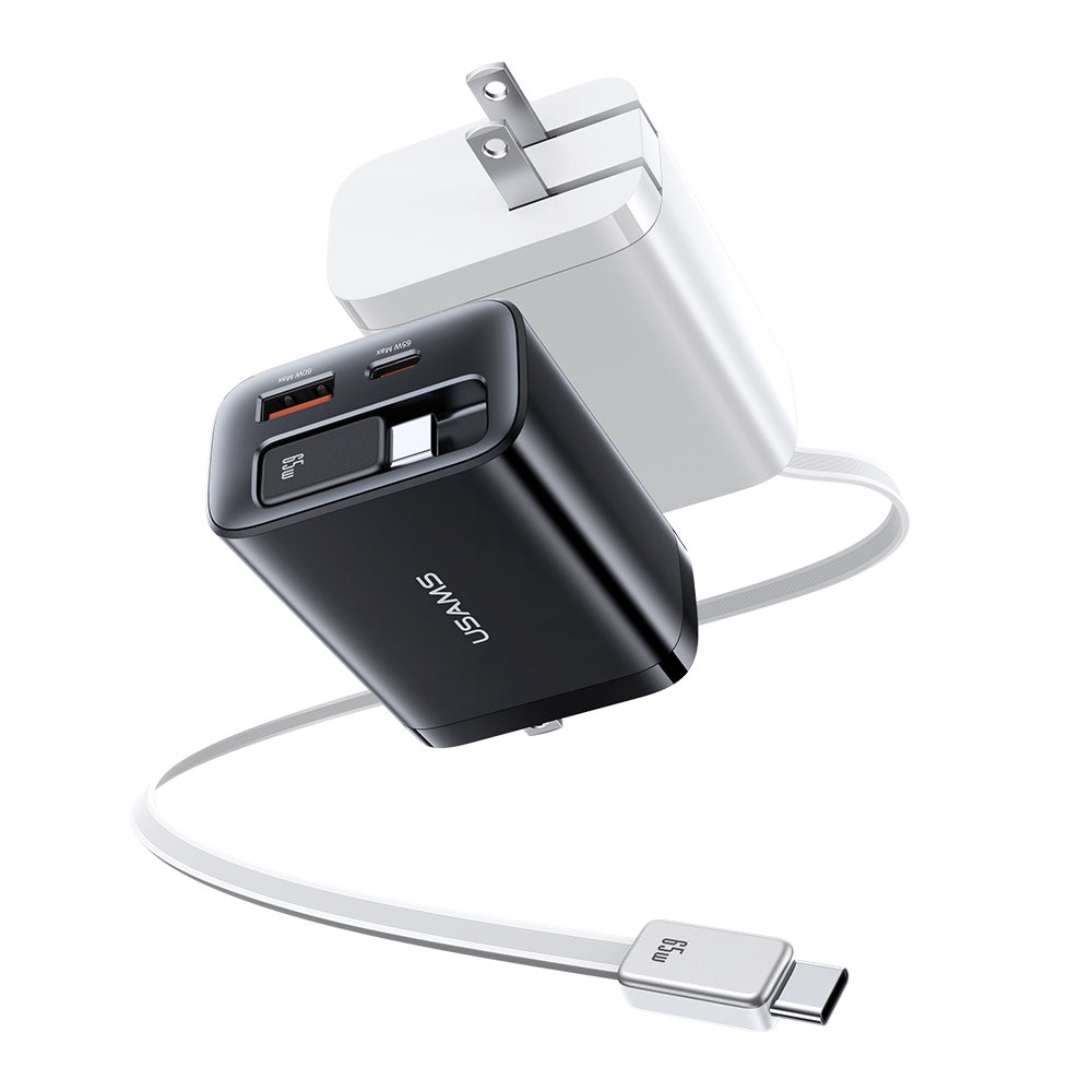 USAMS CC300 65W GaN Fast Charger with Retractable USB-C Cable (3-in-1)