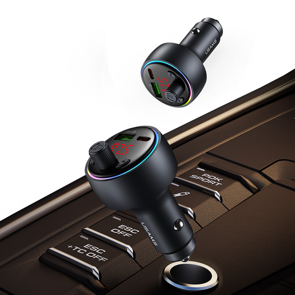 USAMS CC328 30W USB & Type-C Digital Display Bluetooth FM Car Charger
