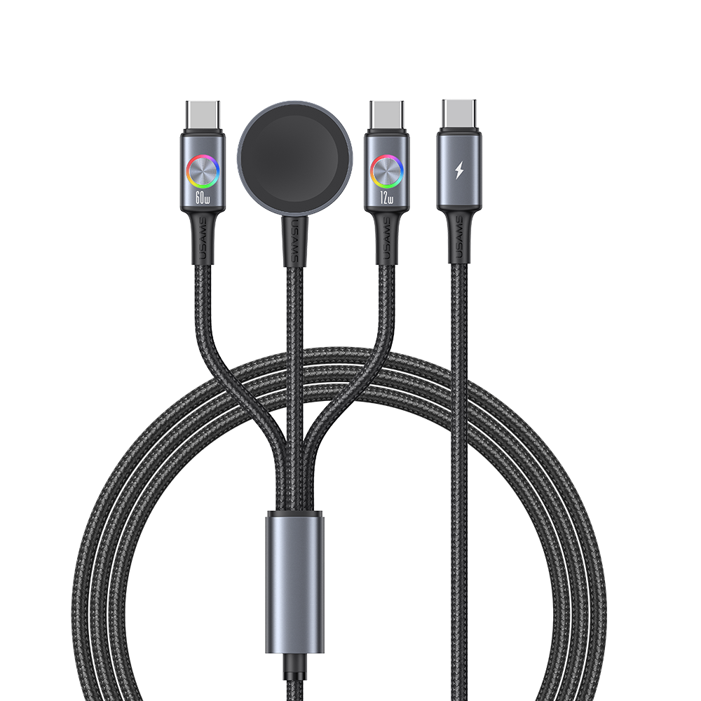 USAMS 72W 3-in-1 Aluminum Alloy Fast Charging Data Cable with Colorful Light