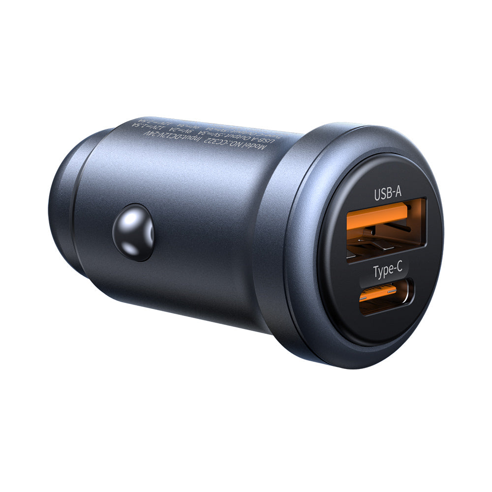 USAMS CC322 30W Dual Port Aluminum Mini Fast Car Charger (USB-A + USB-C)