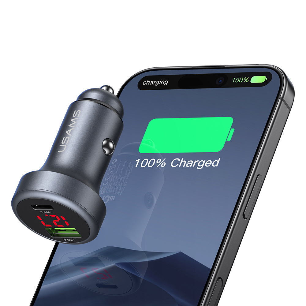 USAMS CC327 45W Dual Port Aluminum Car Charger with Digital Display