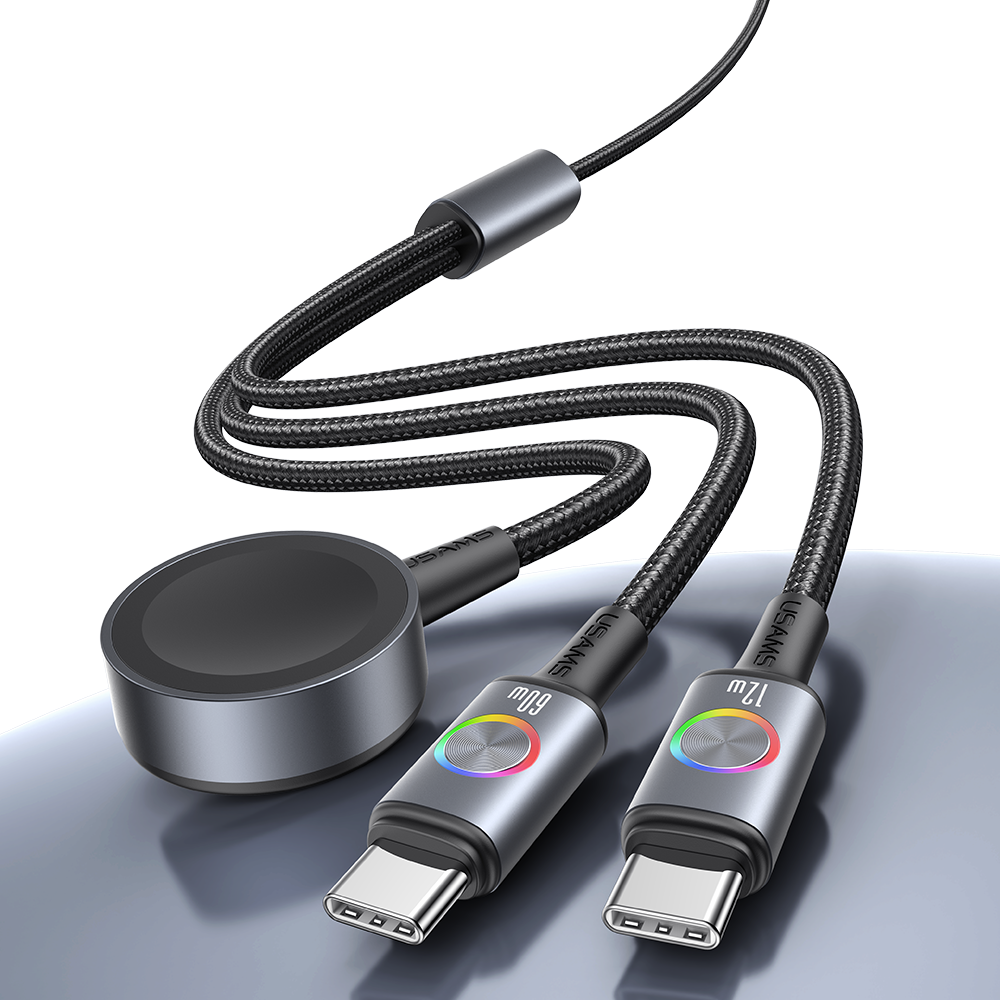USAMS 72W 3-in-1 Aluminum Alloy Fast Charging Data Cable with Colorful Light