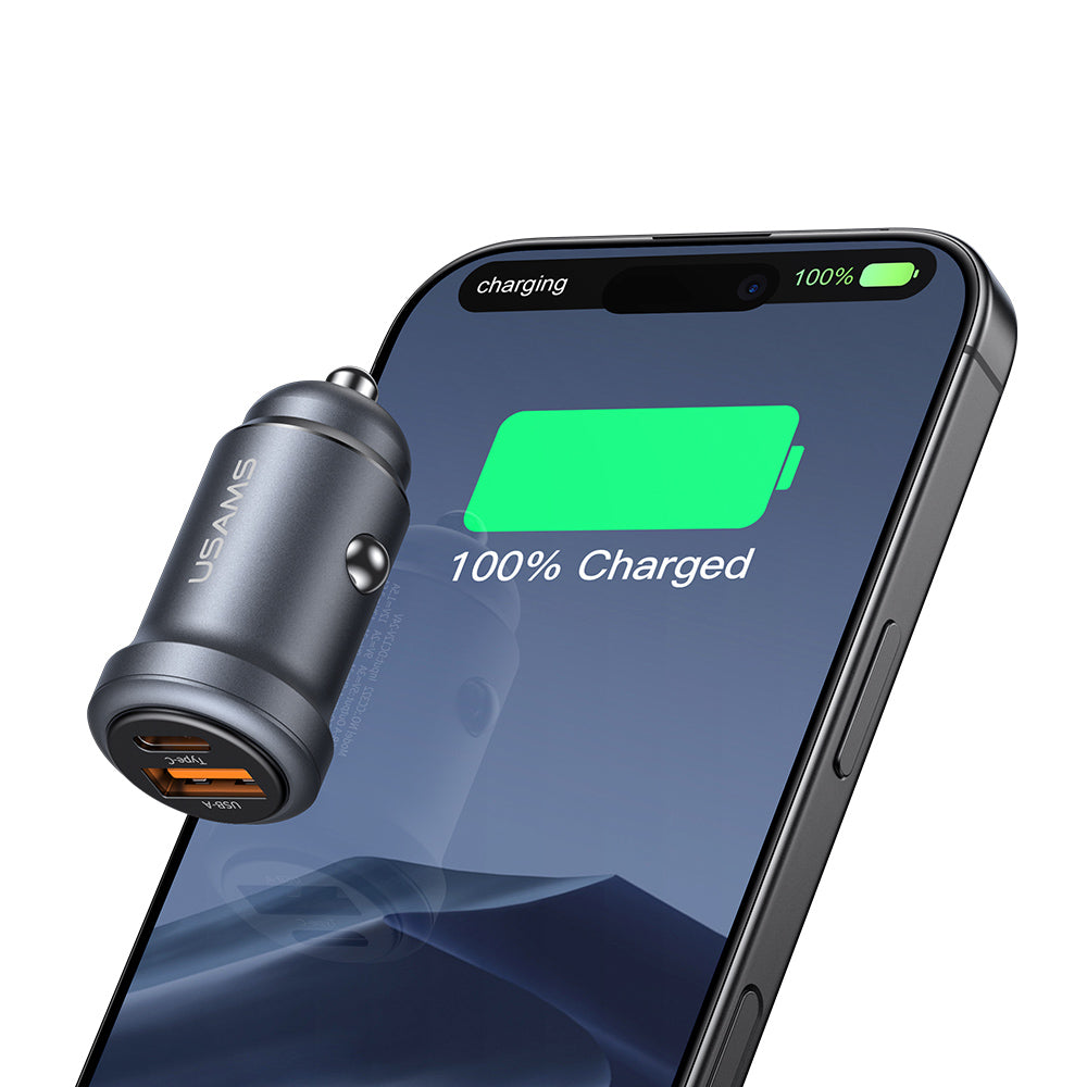 USAMS CC322 30W Dual Port Aluminum Mini Fast Car Charger (USB-A + USB-C)