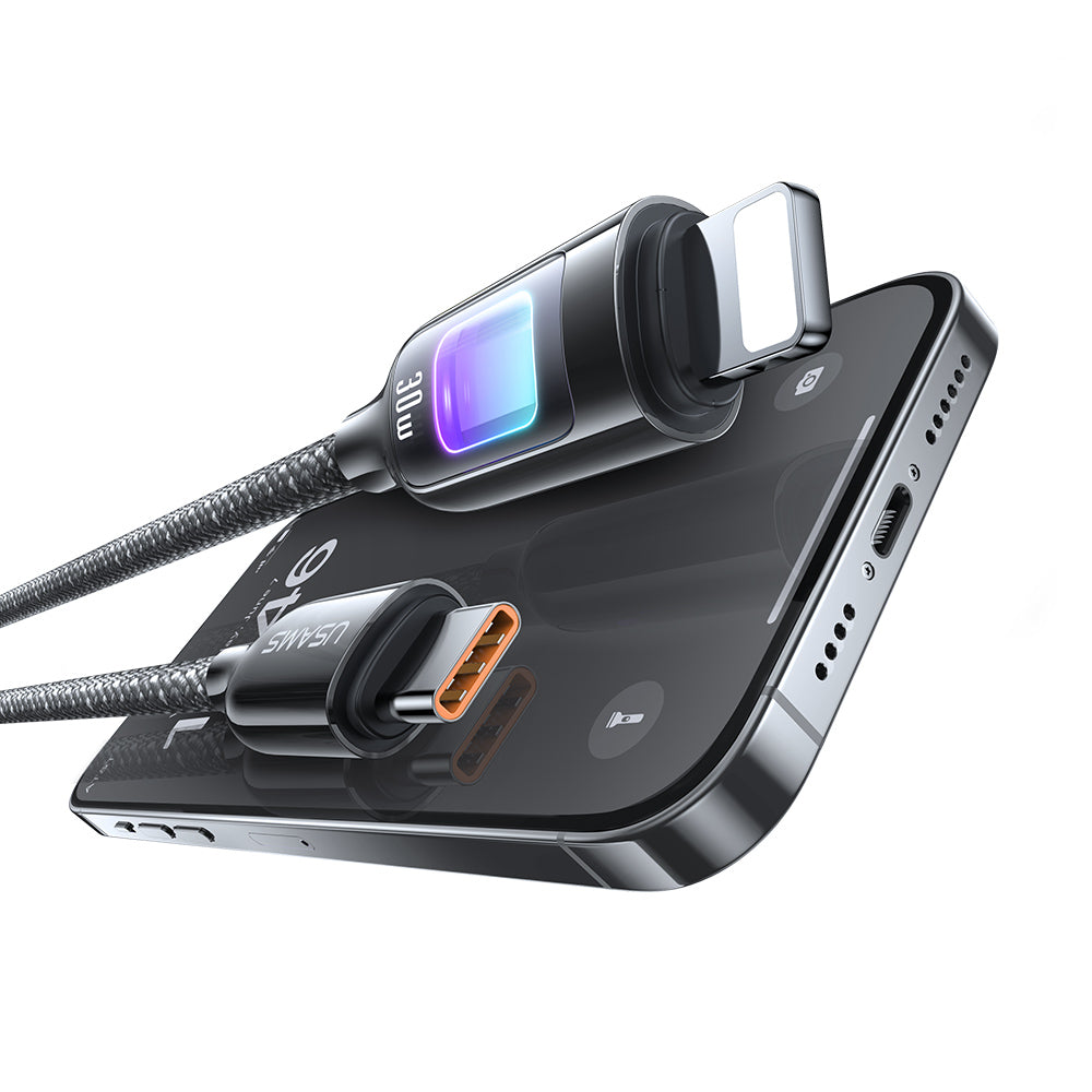 USAMS 30W Type-C To Lightning Zinc Alloy Fast Charging and Data Cable with Colorful Light
