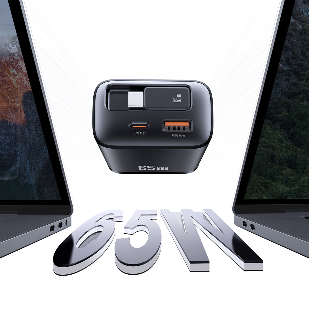 USAMS CC300 65W GaN Fast Charger with Retractable USB-C Cable (3-in-1)