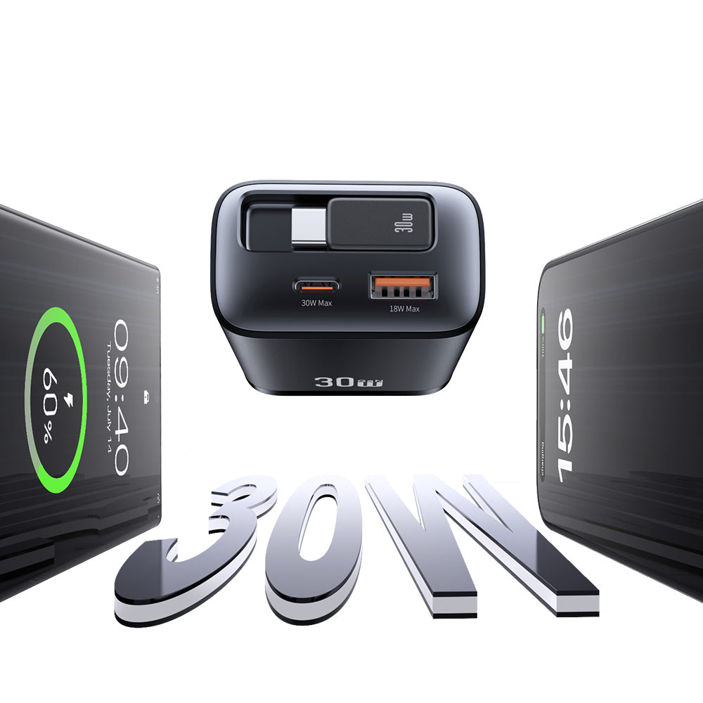 USAMS CC297 30W GaN Fast Wall Charger with Retractable Type-C Cable (3-in-1 Adapter)