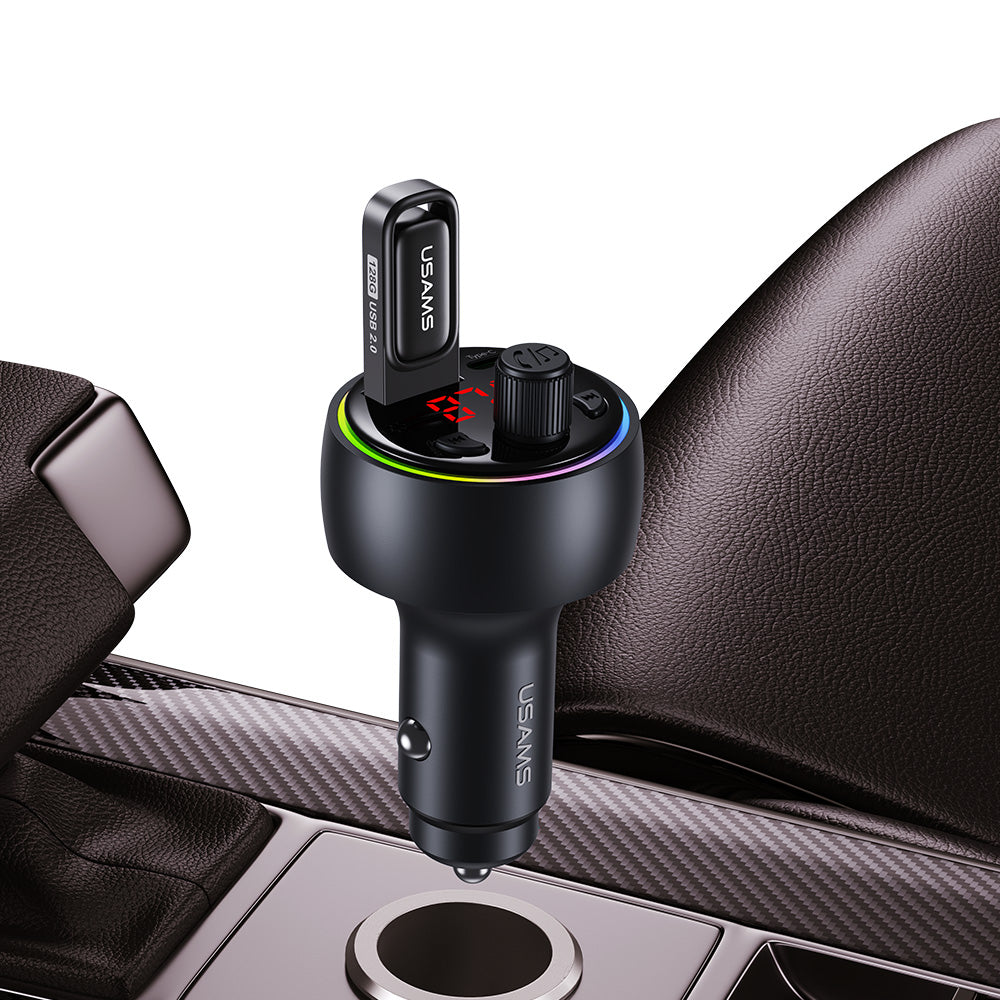USAMS CC328 30W USB & Type-C Digital Display Bluetooth FM Car Charger