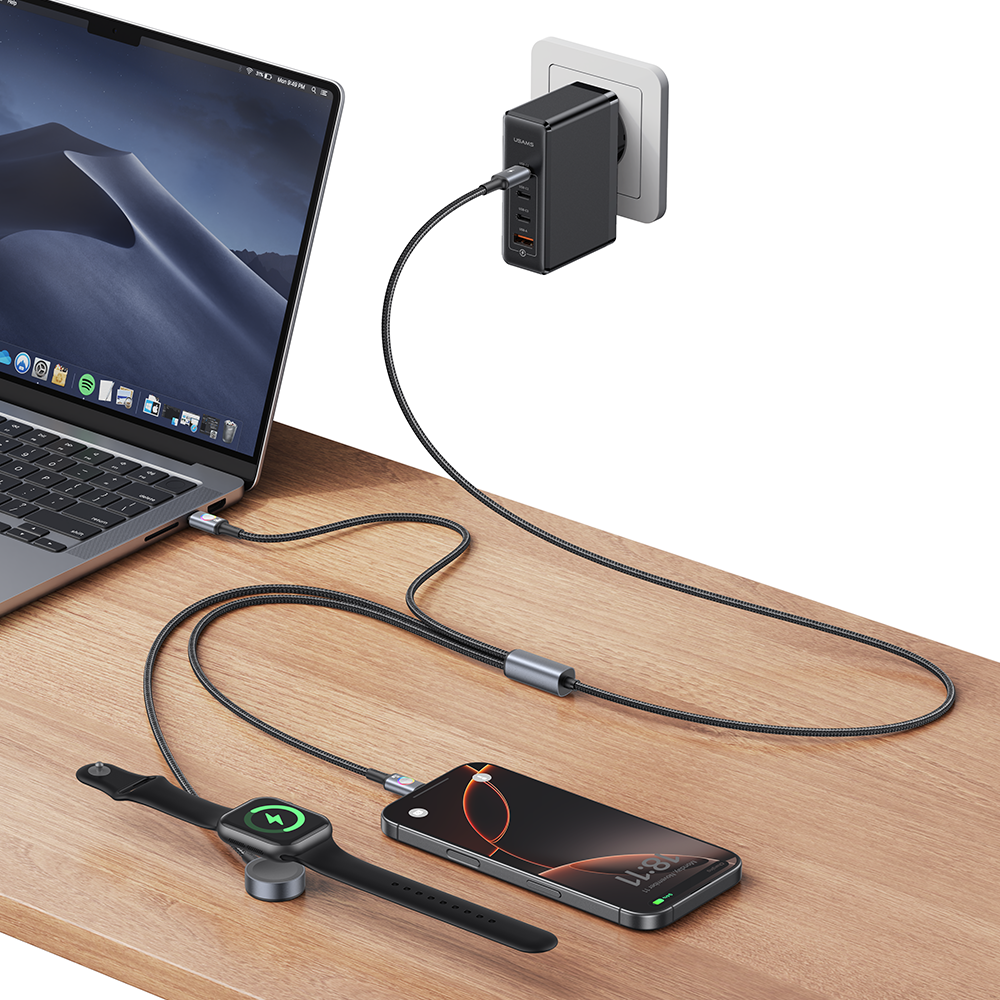 USAMS 72W 3-in-1 Aluminum Alloy Fast Charging Data Cable with Colorful Light