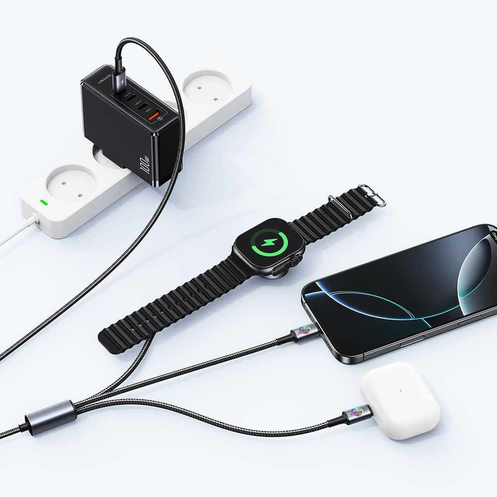 USAMS 72W 3-in-1 Aluminum Alloy Fast Charging Data Cable with Colorful Light