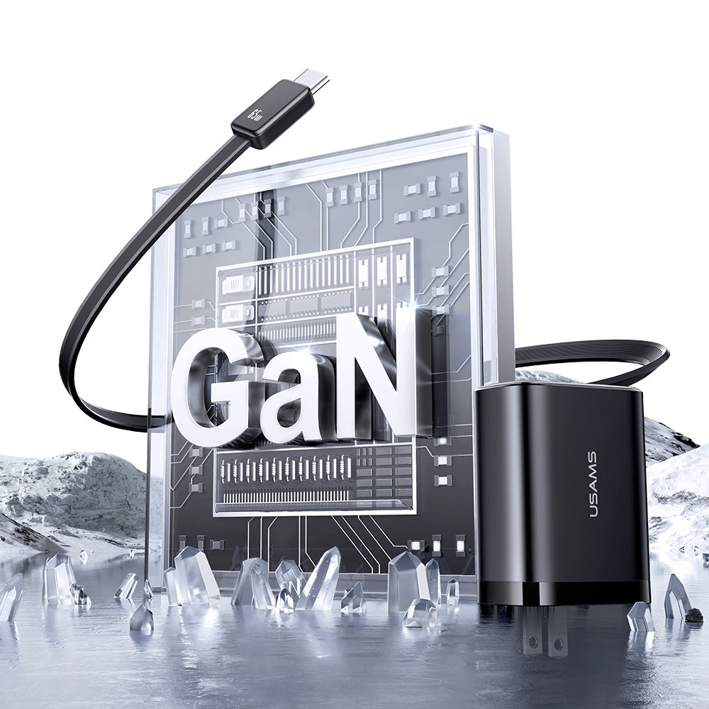 USAMS CC300 65W GaN Fast Charger with Retractable USB-C Cable (3-in-1)