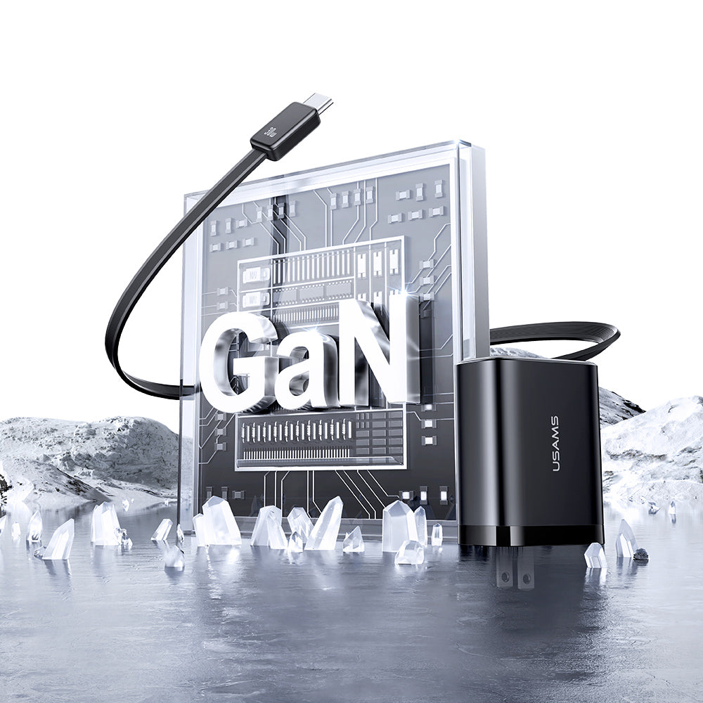 USAMS CC297 30W GaN Fast Wall Charger with Retractable Type-C Cable (3-in-1 Adapter)