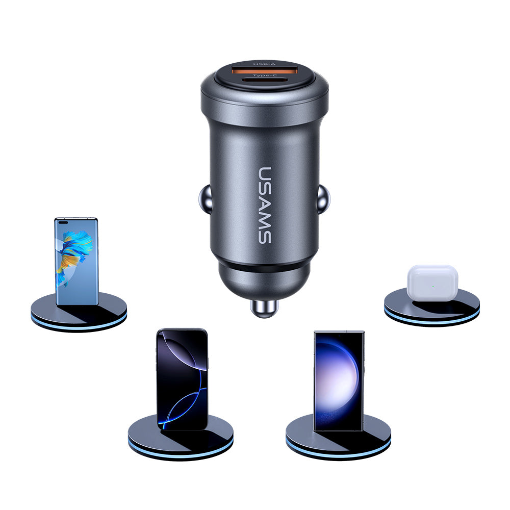 USAMS CC322 30W Dual Port Aluminum Mini Fast Car Charger (USB-A + USB-C)