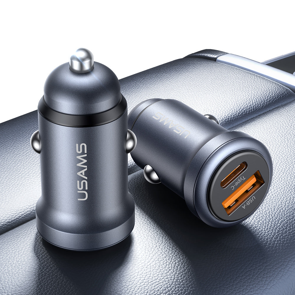 USAMS CC322 30W Dual Port Aluminum Mini Fast Car Charger (USB-A + USB-C)