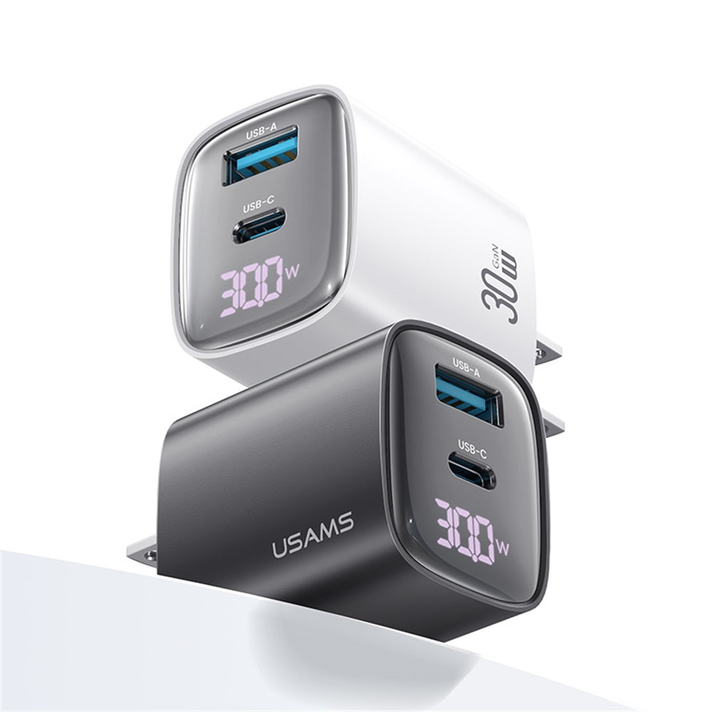 USAMS 30W GaN Dual-Port Fast Charger with Digital Display