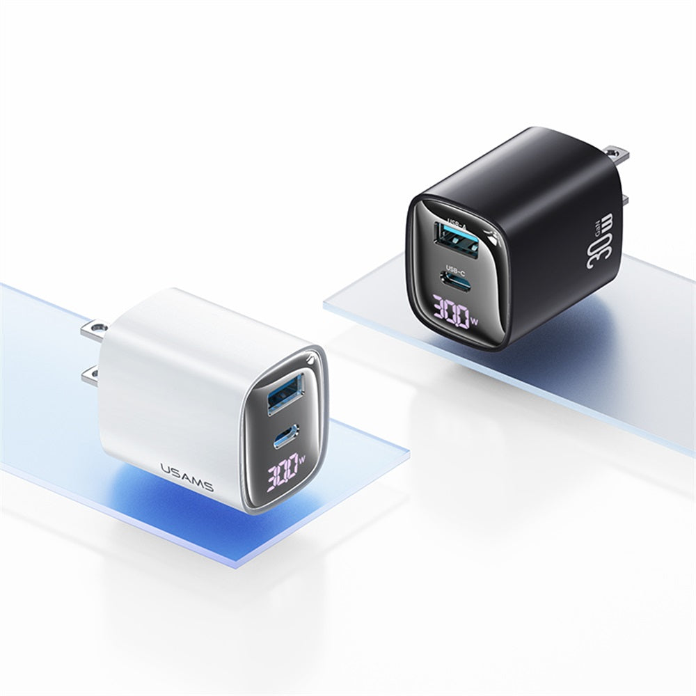 USAMS 30W GaN Dual-Port Fast Charger with Digital Display