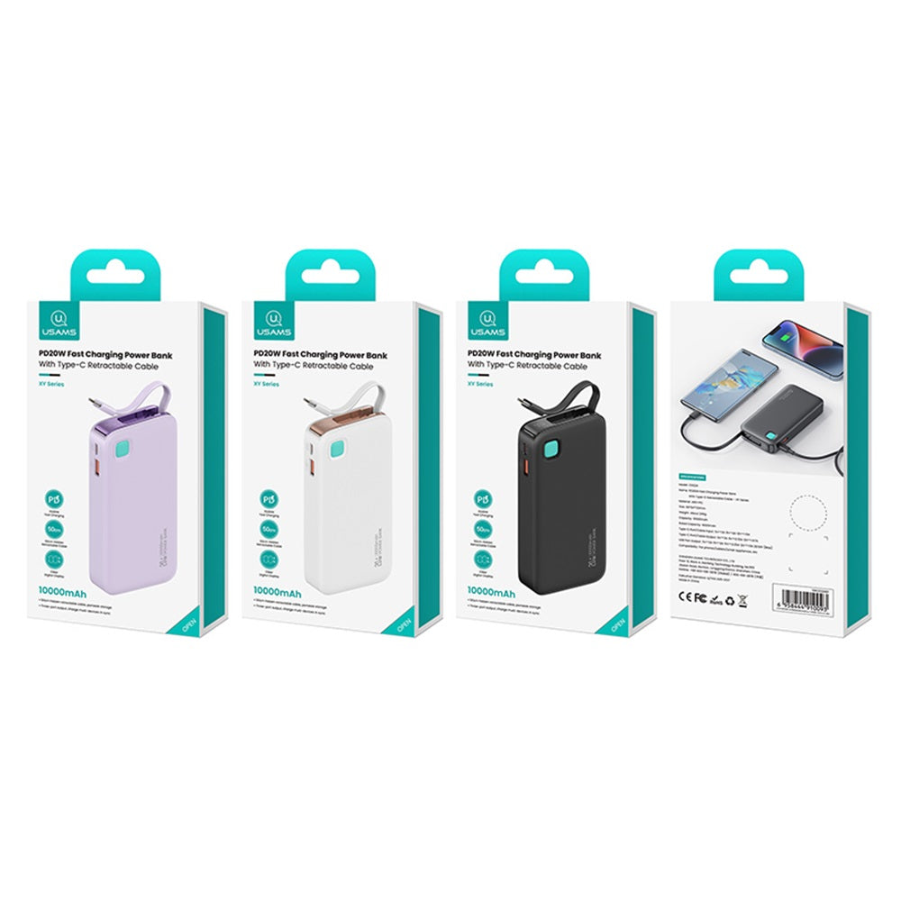 USAMS CD224 XY Series 20W Power Bank with Retractable USB-C Cable - 10000mAh
